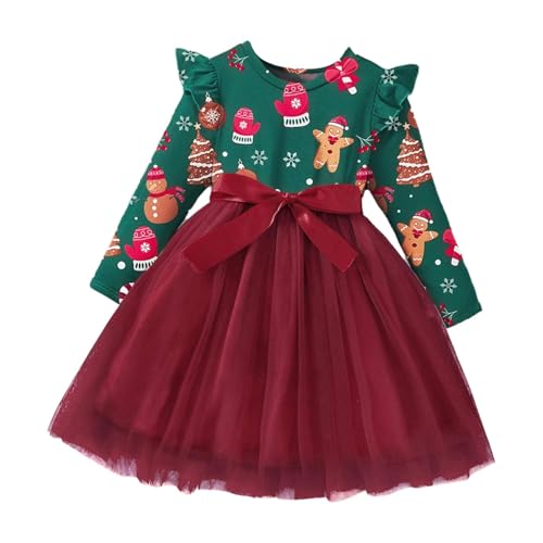 Alvivi Baby Mädchen Weihnachtskleid Langarm Weihnachtsbaum Kleid Tüll Prinzessin Kleid Kleinkind Weihnachtskostüm Weihnachtsoutfit Roter Lebkuchenmann 86-92 von Alvivi
