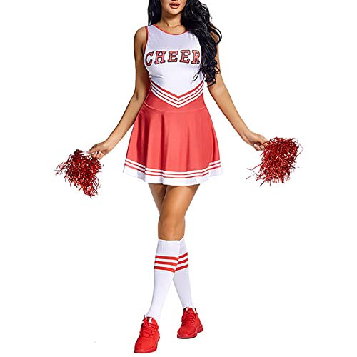 Alvivi Cheer Leader Kostüm Damen Cheerleading Uniform Schulmädchen Kleid mit Pompoms Socken Halloween Fasching Partykleid A Rot L von Alvivi