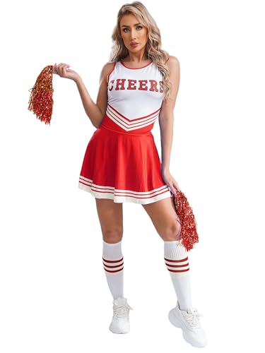 Alvivi Cheer Leader Kostüm Damen Cheerleading Uniform Schulmädchen Kleid mit Pompoms Socken Halloween Fasching Partykleid Rot S von Alvivi