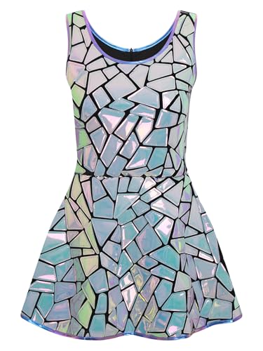Alvivi Damen Alien Kostüm Space Girl Kleid Metallic Minikleid Spiegel Kleid Kurz Skaterkleid Halloween Karneval Fasching Partykleid Blau M von Alvivi
