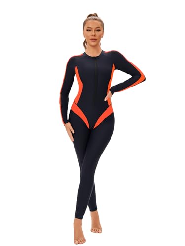 Alvivi Damen Badeanzug Einteiler Langarm Rashguard Full Cover Schwimmanzug Modest Muslim Bademode Neoprenanzug Surfanzug A Schwarz&Orange 4XL von Alvivi