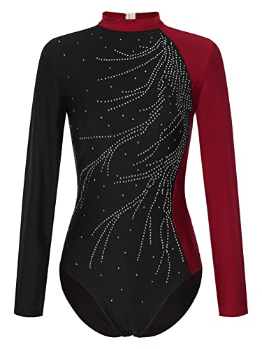 Alvivi Damen Ballettanzug Ballett Trikot Leotard Langarm Tanzbody mit Strass Eiskunstlauf Body Turn-Leotards Gymnastik Turnanzug Weinrot L von Alvivi