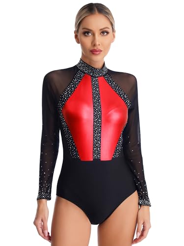Alvivi Damen Ballettanzug Glitzer Turnanzug Langarm Gymnastikanzug Patchwork Ballett Trikot Tanzbody Gymnastik Leotard Wettbewerb Tanzkostüm Rot L von Alvivi