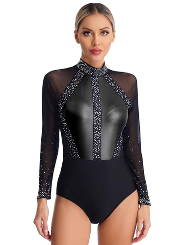 Alvivi Damen Ballettanzug Glitzer Turnanzug Langarm Gymnastikanzug Patchwork Ballett Trikot Tanzbody Gymnastik Leotard Wettbewerb Tanzkostüm Schwarz XL von Alvivi