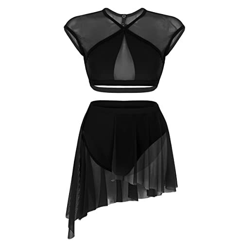 Alvivi Damen Ballettkleid Ballet Trikot Leotard Zweiteiler Crop Tops mit Asymmetrisch Rock Eiskunstlauf Kleid Lyrisch Ballerina Tanzkleid B Schwarz M von Alvivi