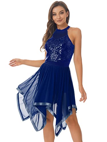 Alvivi Damen Ballettkleid Glitzer Tanzkleid Pailletten Ballettanzug mit Asymmetrisch Rock Ballerina Kleid Latein Cha Cha Tango Salsa Rumba Tanzkleidung A Marine Blau M von Alvivi