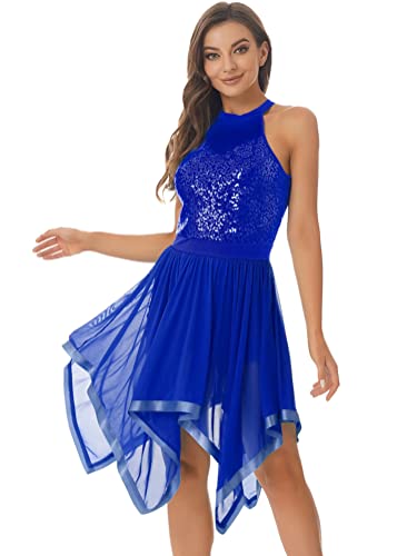 Alvivi Damen Ballettkleid Glitzer Tanzkleid Pailletten Ballettanzug mit Asymmetrisch Rock Ballerina Kleid Latein Cha Cha Tango Salsa Rumba Tanzkleidung A Royal Blau L von Alvivi