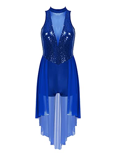 Alvivi Damen Ballettkleid Pailletten Kleider Ballett Trikot Leotard Ballettanzug mit Asymmetrisch Rock Ballerina Latein Tanzkleid Royal Blau L von Alvivi