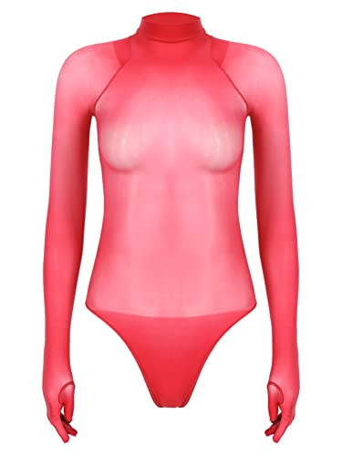 Alvivi Damen Body Transparent Nylon Bodysuit Overall mit Full Finger Handschuhe Stringbody Langarm Bluse Tops A Rot Einheitsgröße von Alvivi