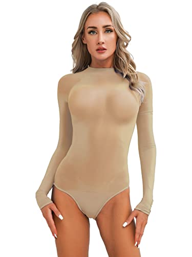 Alvivi Damen Body Transparent Nylon Bodysuit Overall mit Full Finger Handschuhe Stringbody Langarm Bluse Tops B Kaffee Einheitsgröße von Alvivi