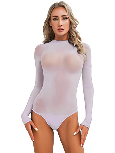 Alvivi Damen Body Transparent Nylon Bodysuit Overall mit Full Finger Handschuhe Stringbody Langarm Bluse Tops B Lila Einheitsgröße von Alvivi