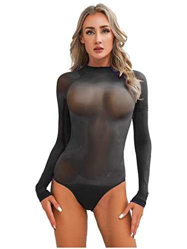 Alvivi Damen Body Transparent Nylon Bodysuit Overall mit Full Finger Handschuhe Stringbody Langarm Bluse Tops B Schwarz Einheitsgröße von Alvivi