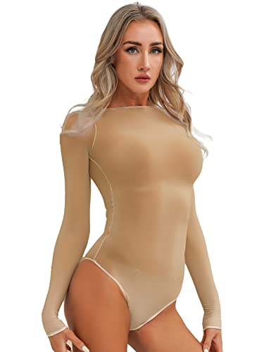 Alvivi Damen Body Transparent Nylon Bodysuit Overall mit Full Finger Handschuhe Stringbody Langarm Bluse Tops C Kaffee Ouvert Einheitsgröße von Alvivi
