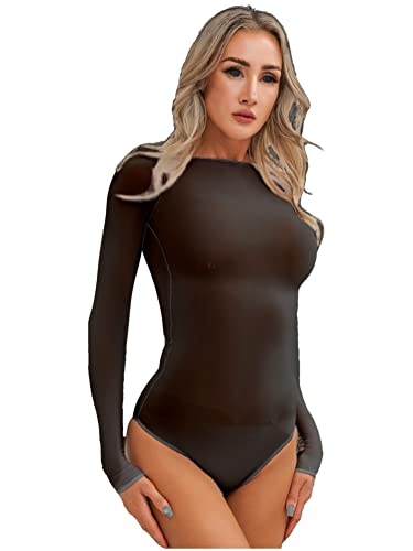 Alvivi Damen Body Transparent Nylon Bodysuit Overall mit Full Finger Handschuhe Stringbody Langarm Bluse Tops C Schwarz Ouvert Einheitsgröße von Alvivi