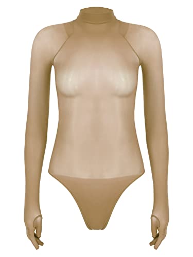 Alvivi Damen Body Transparent Nylon Bodysuit Overall mit Full Finger Handschuhe Stringbody Langarm Bluse Tops A Kaffee Einheitsgröße von Alvivi