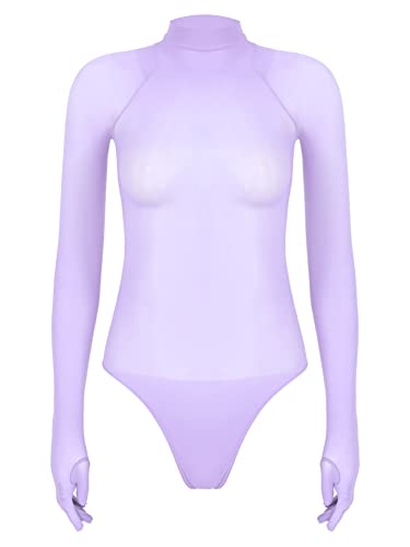 Alvivi Damen Body Transparent Nylon Bodysuit Overall mit Full Finger Handschuhe Stringbody Langarm Bluse Tops A Lila Einheitsgröße von Alvivi