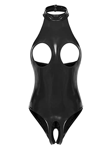 Alvivi Damen Body Wetlook Brustfrei BH Tops Ouvert-Body Lack Latex offene Schritt Catsuit Erotik Body Nachtwäsche I Schwarz S von Alvivi