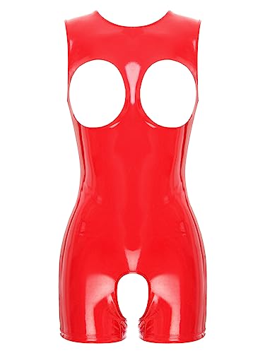 Alvivi Damen Body Wetlook Brustfrei BH Tops Ouvert-Body Lack Latex offene Schritt Catsuit Erotik Body Nachtwäsche J Rot 3XL von Alvivi