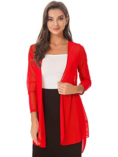 Alvivi Damen Bolero Jacke Chiffon Cardigan Lange Leichte Open Front Sommerjacke Schal Strandkleid Bikini Cover Up Beachwear Aa Rot 3XL von Alvivi
