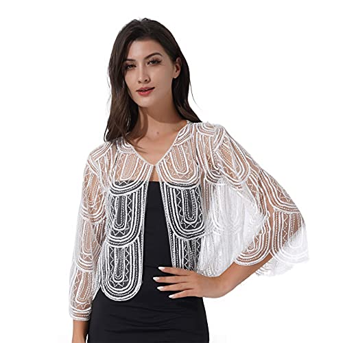 Alvivi Damen Bolero Jacke Pailletten Elegante Schulterjacke Langarm Cardigan Shrug Tops Zum Hochzeit Abendkleid Cocktail Partykleid Aa Weiß Einheitsgröße von Alvivi