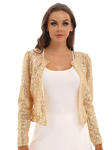 Alvivi Damen Bolero Pailletten Jacke Mantel Langarm Bolerojacke Festlich Blazer Cardigan Shrug Tops Disco Nachtclub Rave Party Outfits A Gold L von Alvivi