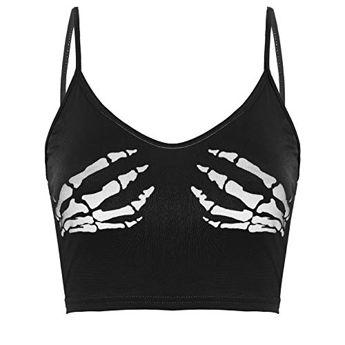 Alvivi Damen Crop Top Träger Tank Top Cami Bauchfrei Oberteile mit Skelett Hände Druck Unterhemd Weste Party Club Shirt A Schwarz L von Alvivi