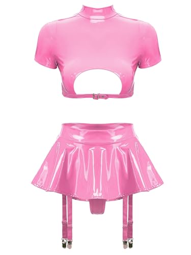 Alvivi Damen Dessous Set Kunstleder Brustfrei BH Tops + Wetlook Minirock mit Strumpfhalter Hotpants Erotische Reizwäsche S-4XL H Rosa 3XL von Alvivi