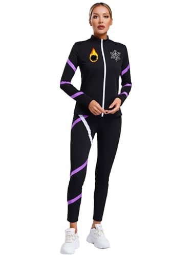 Alvivi Damen Eiskunstlauf Anzug Fleece Eiskunstlauf Jacke Sweatjacke + Hose Sport Trainingsanzug Yoga Gym Fitness Eiskunstlauf Tanzkleidung Lila S von Alvivi