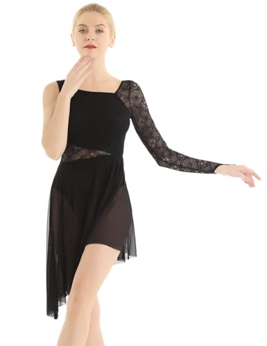 Alvivi Damen Eiskunstlauf Kleid Ballett Trikot Tanzbody mit Asymmetrisch Rock Single Langarm Ballettanzug Latein Tango Chacha Rumba Salsa Tanzkleid A Schwarz L von Alvivi