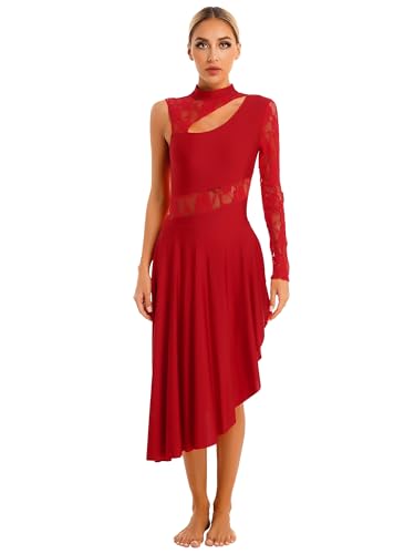 Alvivi Damen Eiskunstlauf Kleid Ballett Trikot Tanzbody mit Asymmetrisch Rock Single Langarm Ballettanzug Tango Lyrisch Kleid Modern Latein Tanzkleid Ae Rot S von Alvivi