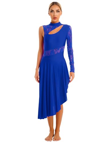 Alvivi Damen Eiskunstlauf Kleid Ballett Trikot Tanzbody mit Asymmetrisch Rock Single Langarm Ballettanzug Latein Tango Chacha Rumba Salsa Tanzkleid Ae Royal Blau S von Alvivi