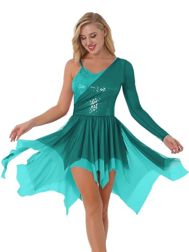 Alvivi Damen Eiskunstlauf Kleid Ballett Trikot Tanzbody mit Asymmetrisch Rock Single Langarm Ballettanzug Latein Tango Chacha Rumba Salsa Tanzkleid E Grün L von Alvivi