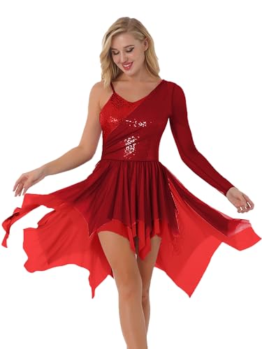 Alvivi Damen Eiskunstlauf Kleid Ballett Trikot Tanzbody mit Asymmetrisch Rock Single Langarm Ballettanzug Latein Tango Chacha Rumba Salsa Tanzkleid E Weinrot S von Alvivi