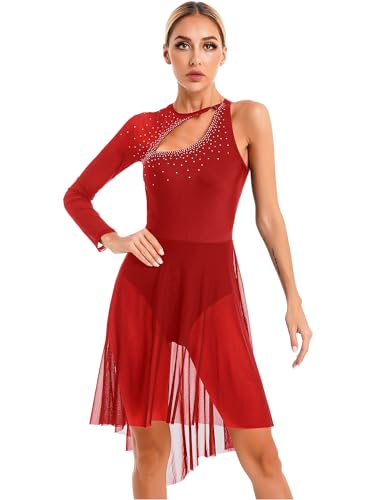 Alvivi Damen Eiskunstlauf Kleid Glitzer Ballettkleid mit Asymmetrisch Rock Single Langarm Ballettanzug Latein Tango Chacha Rumba Salsa Tanzkleid Weinrot L von Alvivi