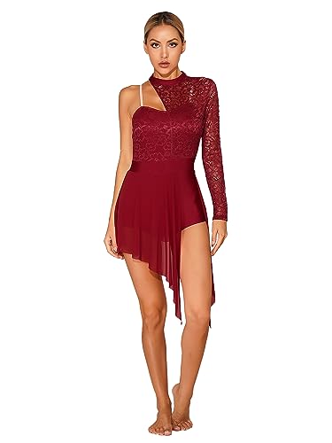 Alvivi Damen Eiskunstlauf Kleid EIN-Schulter Langarm Ballettanzug mit Asymmetrisch Rock Tango Chacha Rumba Salsa Ballerina Latein Tanzkleid Weinrot L von Alvivi