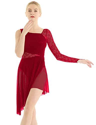 Alvivi Damen Eiskunstlauf Kleid Spitze Ballettkleid Rollschukleid EIN-Schulter Ballettanzug mit Asymmetrisch Rock Tango Chacha Salsa Lyrisch Tanzkleid Weinrot XL von Alvivi