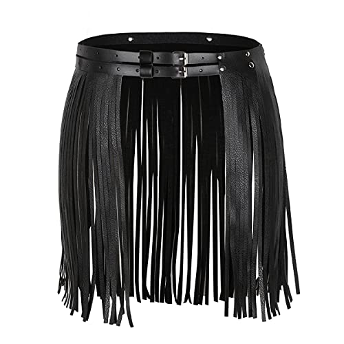 Alvivi Damen Fransen Rock Gürtel Quaste Rock PU Lederrock Gothic Punk Kostüm Tanz Party Clubwear Verstellbare Größe Schwarz Einheitsgröße von Alvivi