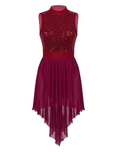 Alvivi Damen Glitzer Eiskunstlauf Kleid Pailletten Ballettkleid Tüllkleid Latein Tango Tanzkleid Ballettkleidung Weinrot XL von Alvivi