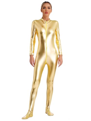 Alvivi Damen Jumpsuit Wetlook Body Overall Glänzend Metallic Ganzkörperanzug Tights Leggings Tanzparty Kostüm Clubwear Gold L von Alvivi