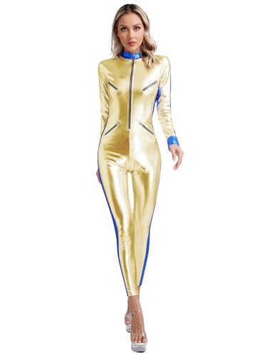 Alvivi Damen Jumpsuit Wetlook Glitzer Body Overall Metallic Catsuit Ganzkörperanzug Hose Tight Leggings Karneval Fasching Party Clubwear Gold M von Alvivi