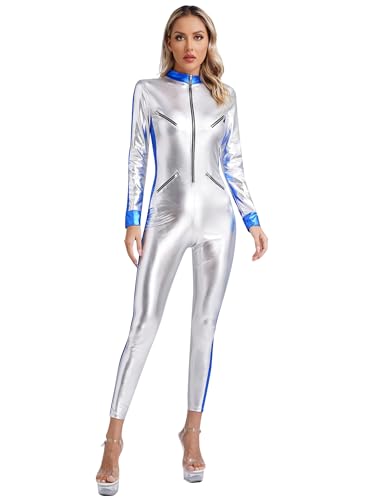 Alvivi Damen Jumpsuit Wetlook Glitzer Body Overall Metallic Catsuit Ganzkörperanzug Hose Tight Leggings Karneval Fasching Party Clubwear Silber S von Alvivi