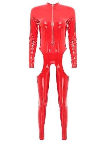 Alvivi Damen Jumpsuit Wetlook Langarm Ouvert Body Leder-Optik Ganzkörperanzug Catsuit Overall Ouvert Hose Tight Leggings Party Clubwear Rot 4XL von Alvivi