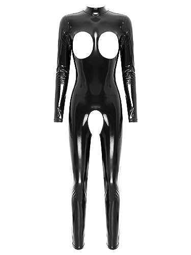 Alvivi Damen Jumpsuit Wetlook Leopard Body Ouvert Hose Leder-Optik Catsuit Overall Ganzkörperanzug Tight Leggings Pants Party Clubwear Aa Schwarz A 3XL von Alvivi