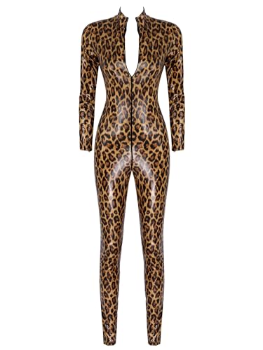 Alvivi Damen Jumpsuit Wetlook Leopard Body Ouvert Hose Leder-Optik Catsuit Overall Ganzkörperanzug Tight Leggings Pants Party Clubwear E Braun XL von Alvivi