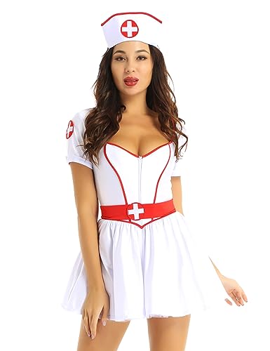 Alvivi Damen Krankenschwester Kostüm Ärztin Kleid mit Stirnband Doktor Kostüm Arzt Uniform Cosplay Halloween Karneval Fasching Verkleidung Weiß XXL von Alvivi