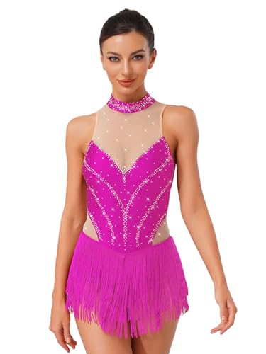 Alvivi Damen Latein Tanzkleid Glitzer Ballettkleid Eiskunstlauf Kleid Ärmellos Fransen Kleid Latin Chacha Salsa Tango Ballsaal Tanzkostüm Dunkel Rosa M von Alvivi