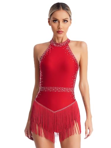 Alvivi Damen Latein Tanzkleid Glitzer Ballettkleid mit Fransen Rock Eiskunstlauf Kleid Ballerina Salsa Tango Rumba Chacha Jazz Tanzkleidung Aa Weinrot XL von Alvivi