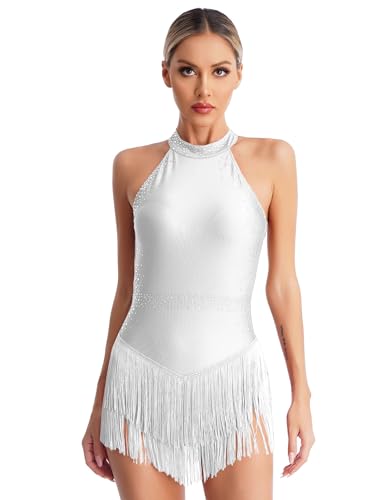 Alvivi Damen Latein Tanzkleid Glitzer Ballettkleid mit Fransen Rock Eiskunstlauf Kleid Ballerina Salsa Tango Rumba Chacha Jazz Tanzkleidung A Weiß S von Alvivi