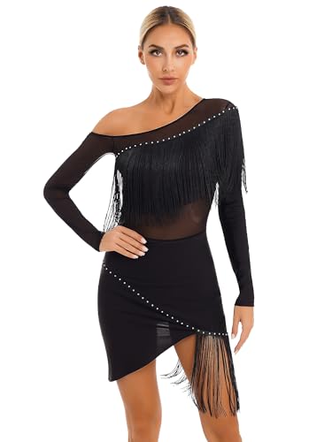 Alvivi Damen Latein Tanzkleid Glitzer Eiskunstlauf Kleid Langarm Ballettkleid mit Fransen Rock Tango Chacha Rumba Salsa Lyrisch Tanzkleid Schwarz XXL von Alvivi