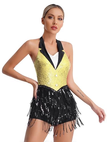 Alvivi Damen Latein Tanzkleid Pailletten Kleid Glitzer Body Overall mit Fransen Ballettkleid Show Performance Ballsaal Jazz Tanzkleidung Gelb S von Alvivi